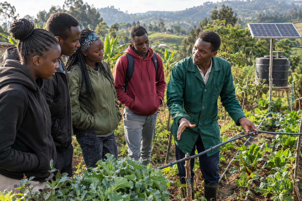 Young farmer demonstrating climate-smart farming with drip irrigation and a solar panel