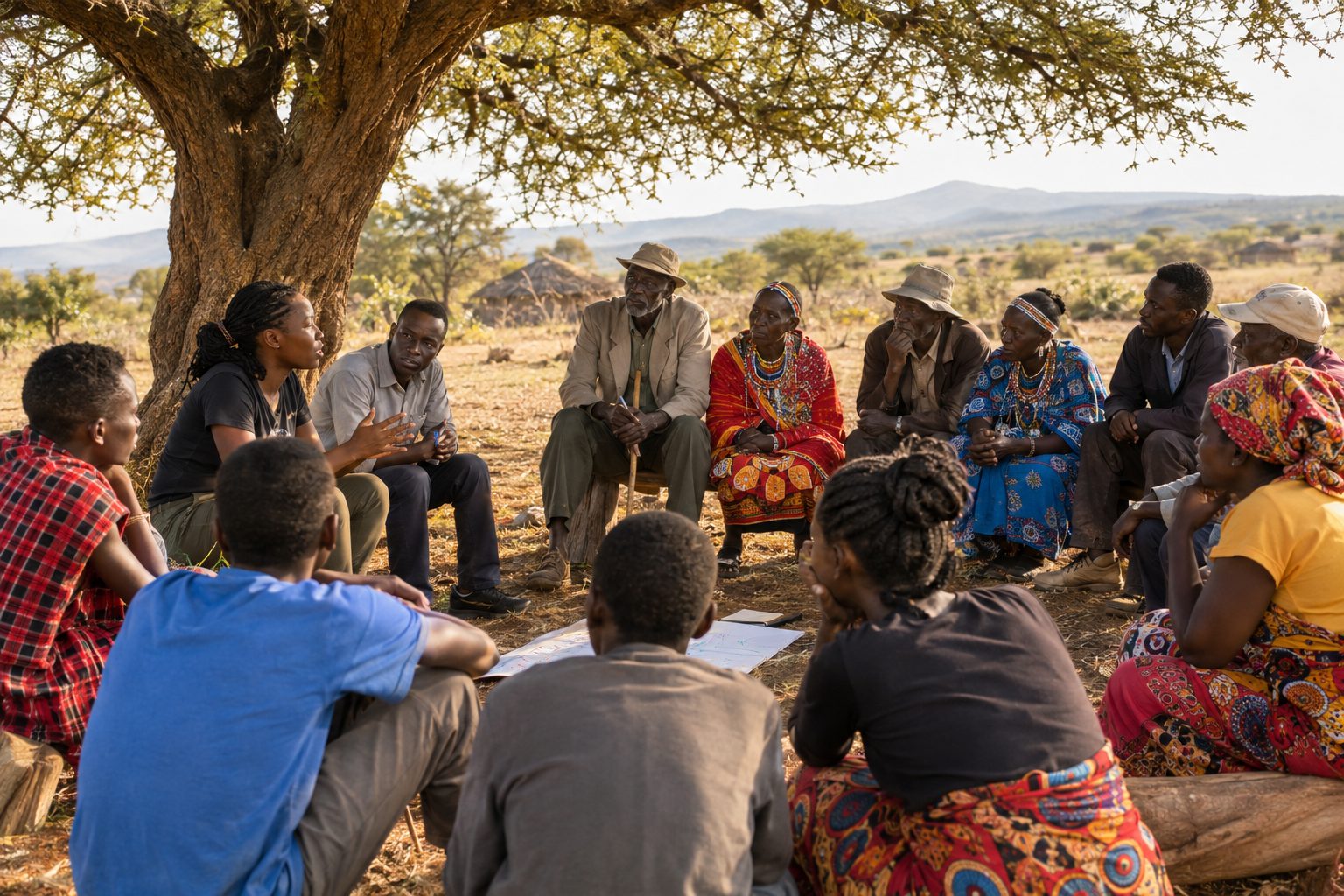 Young people and elders meeting under an acacia tree to plan a community project