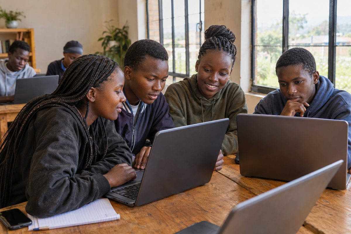 Young people learning digital skills on laptops