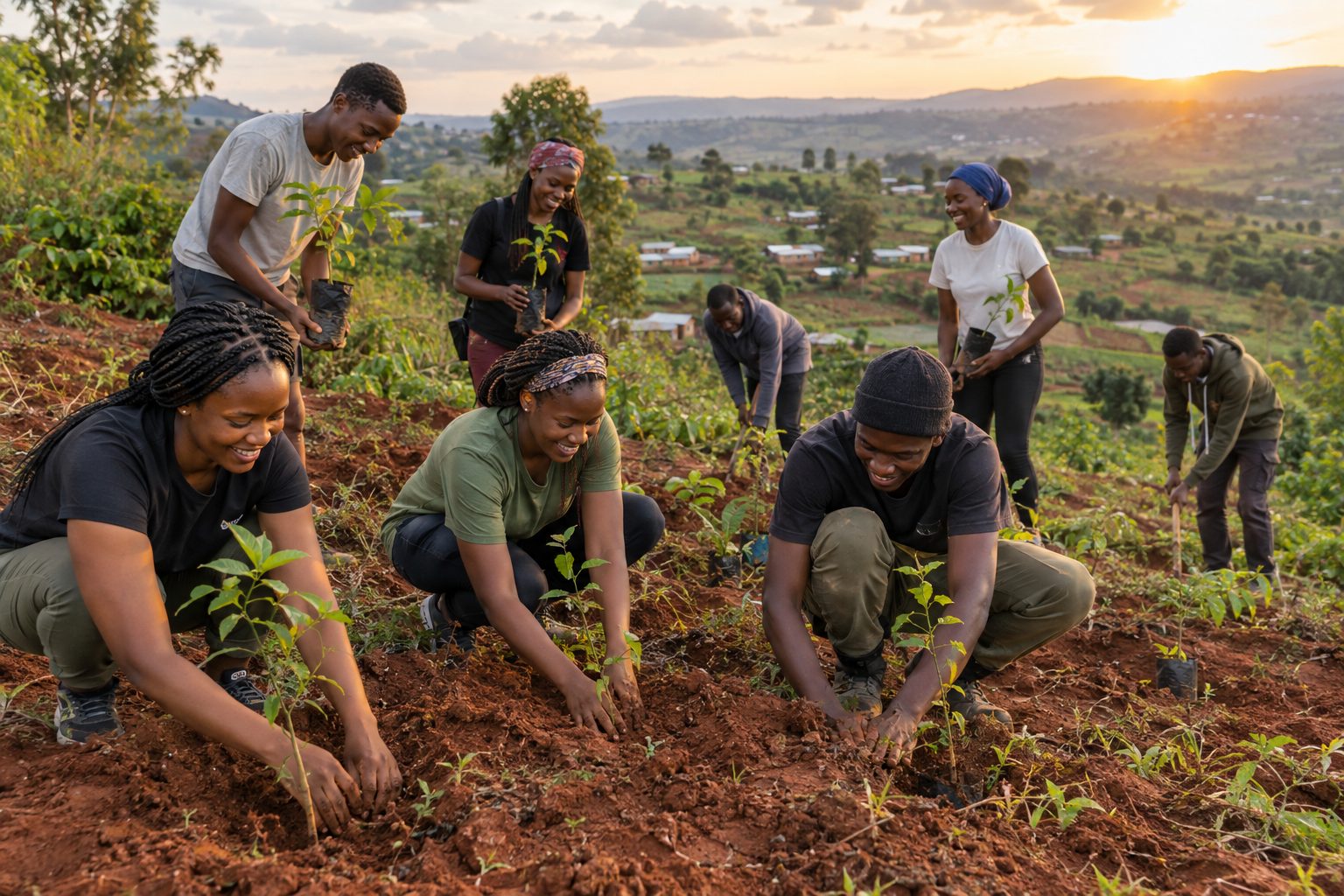 Young people planting tree seedlings together on a hillside in Kenya